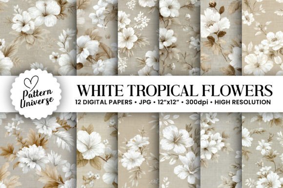 White Beige Tropical Flower Patterns